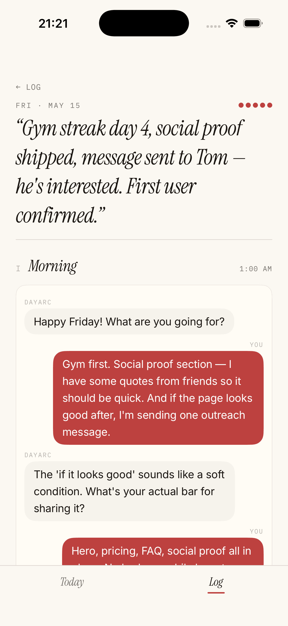 Dayarc daily log with morning conversation on iPhone